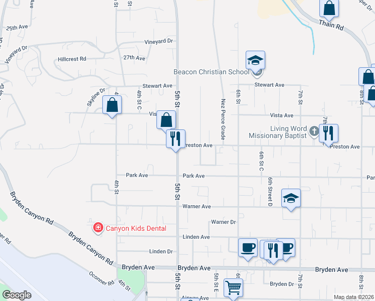 map of restaurants, bars, coffee shops, grocery stores, and more near 508 Preston Avenue in Lewiston