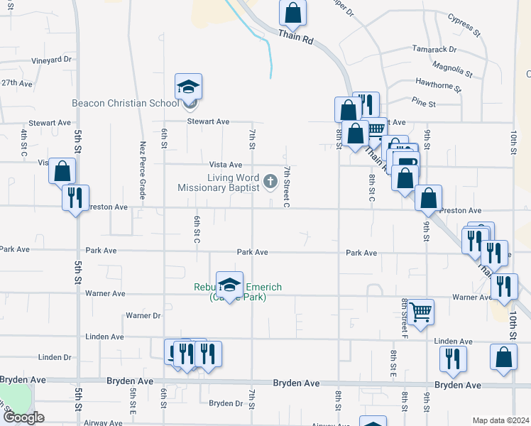 map of restaurants, bars, coffee shops, grocery stores, and more near 708 Preston Avenue in Lewiston