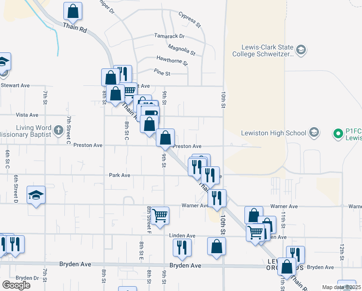 map of restaurants, bars, coffee shops, grocery stores, and more near 922 Preston Ave in Lewiston