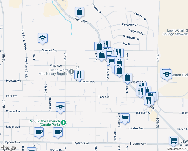 map of restaurants, bars, coffee shops, grocery stores, and more near 3128 8th Street in Lewiston