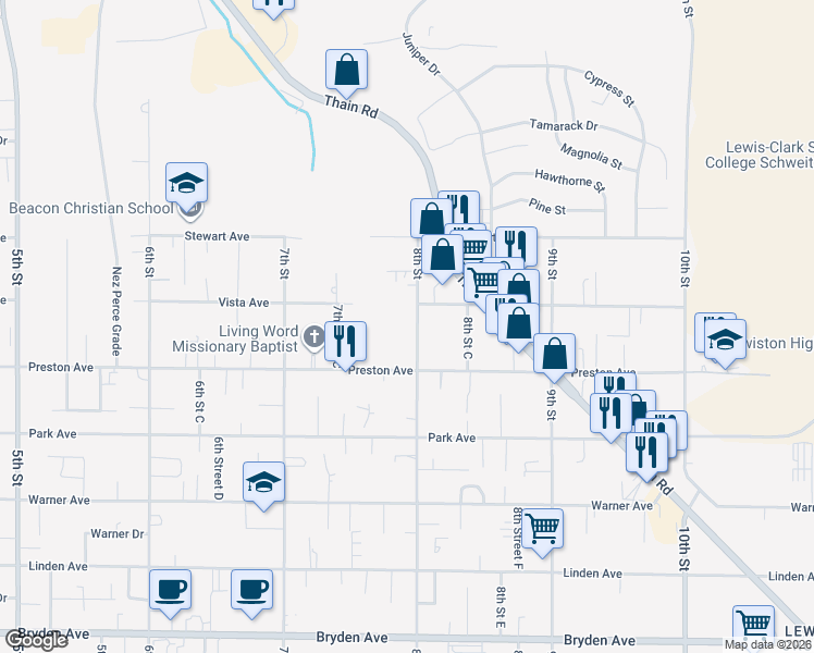 map of restaurants, bars, coffee shops, grocery stores, and more near 3128 8th Street in Lewiston