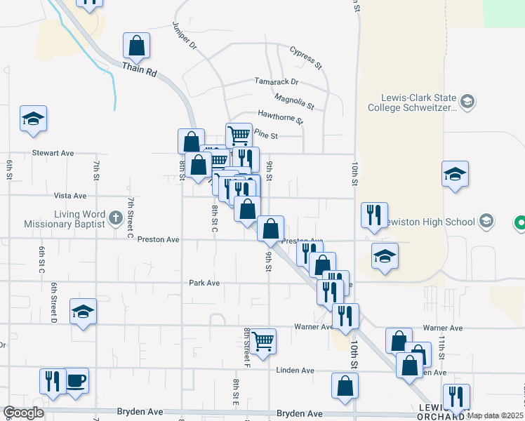map of restaurants, bars, coffee shops, grocery stores, and more near 3126 9th Street in Lewiston