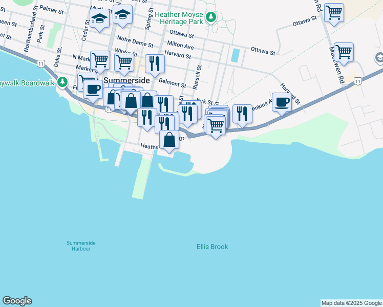 map of restaurants, bars, coffee shops, grocery stores, and more near 110 Water Street in Summerside