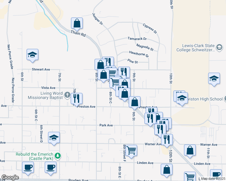 map of restaurants, bars, coffee shops, grocery stores, and more near 3100-3198 8th St C in Lewiston
