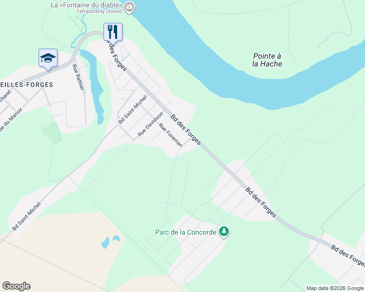 map of restaurants, bars, coffee shops, grocery stores, and more near 9445 Rue Foreman in Trois-Rivières