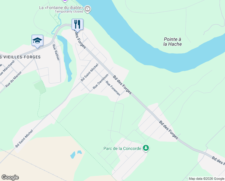map of restaurants, bars, coffee shops, grocery stores, and more near 9445 Rue Foreman in Trois-Rivières