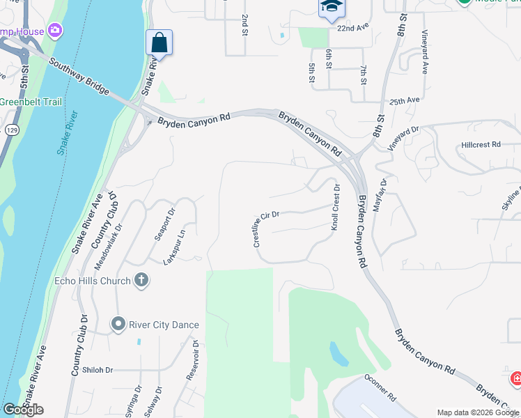 map of restaurants, bars, coffee shops, grocery stores, and more near 513 Crestline Circle Court in Lewiston