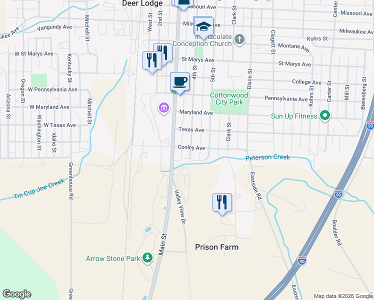 map of restaurants, bars, coffee shops, grocery stores, and more near 405 Conley Avenue in Deer Lodge