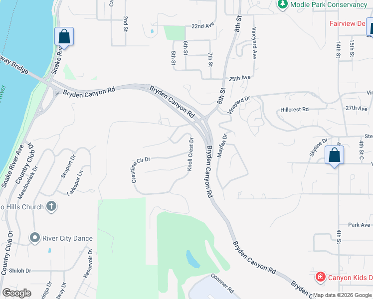 map of restaurants, bars, coffee shops, grocery stores, and more near 405 Crestline Circle Drive in Lewiston