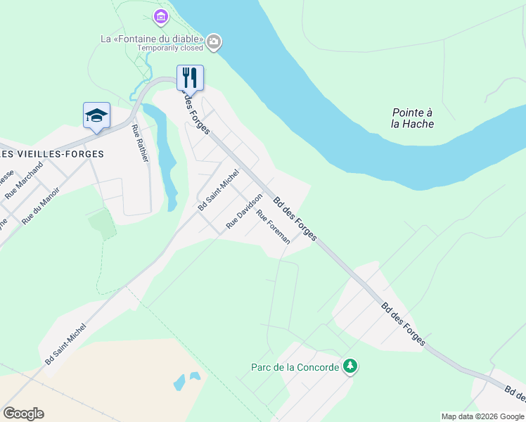 map of restaurants, bars, coffee shops, grocery stores, and more near 9490 Rue Foreman in Trois-Rivières