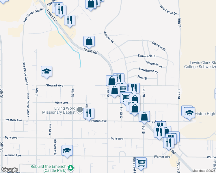 map of restaurants, bars, coffee shops, grocery stores, and more near 3100 8th St in Lewiston