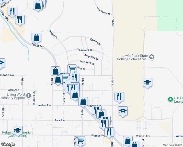 map of restaurants, bars, coffee shops, grocery stores, and more near 912 Pine Street in Lewiston