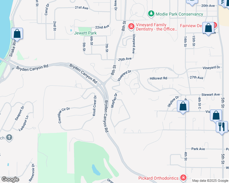 map of restaurants, bars, coffee shops, grocery stores, and more near 2825 Mayfair Drive in Lewiston
