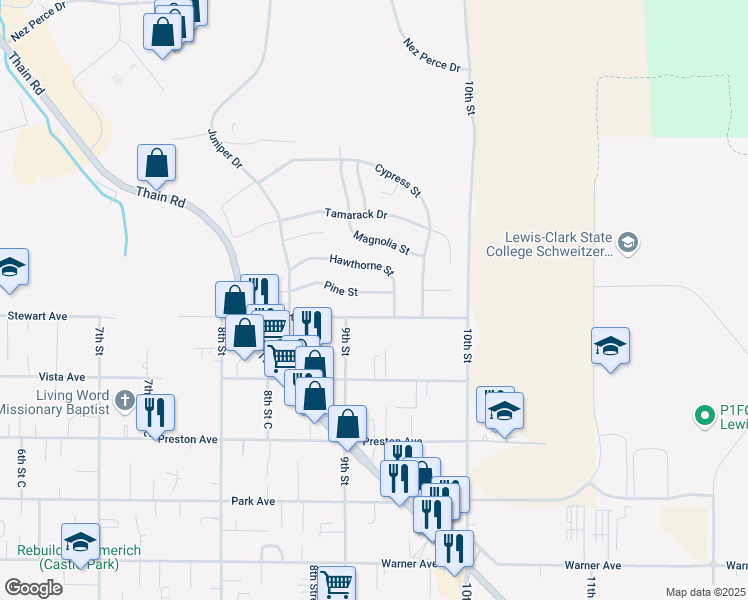 map of restaurants, bars, coffee shops, grocery stores, and more near 912 Pine Street in Lewiston