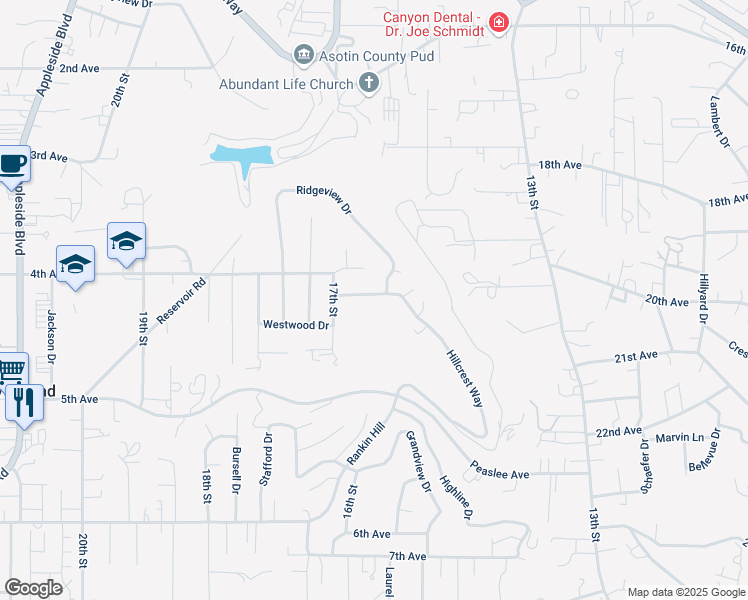 map of restaurants, bars, coffee shops, grocery stores, and more near 1621 Hillcrest Way in Clarkston