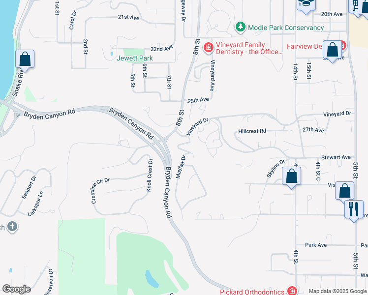 map of restaurants, bars, coffee shops, grocery stores, and more near 2825 Mayfair Drive in Lewiston