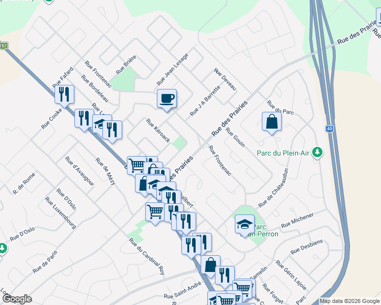 map of restaurants, bars, coffee shops, grocery stores, and more near 1771 Rue des Prairies in Trois-Rivières