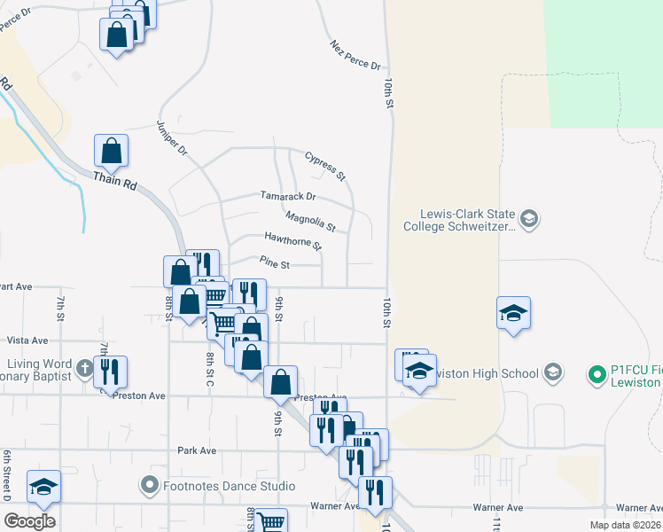 map of restaurants, bars, coffee shops, grocery stores, and more near 927 Hawthorne Street in Lewiston