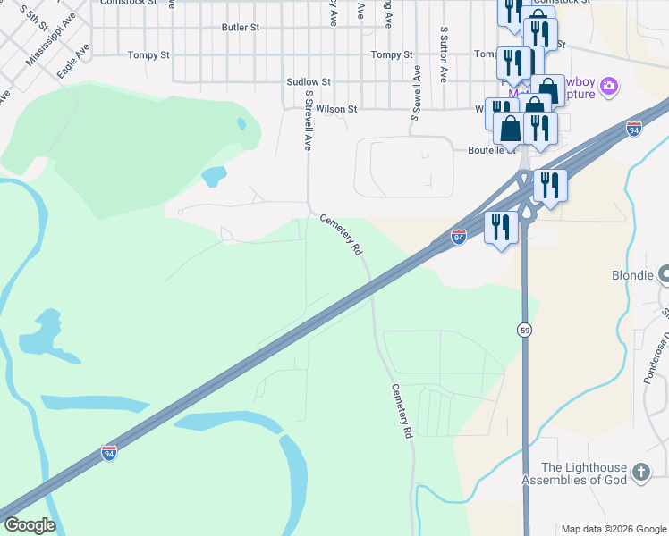 map of restaurants, bars, coffee shops, grocery stores, and more near 21 Cemetery Road in Miles City