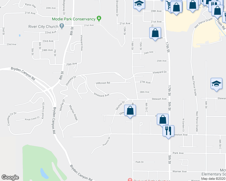 map of restaurants, bars, coffee shops, grocery stores, and more near 1219 Vineyard Avenue in Lewiston