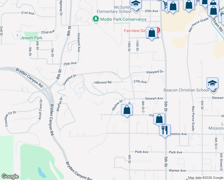 map of restaurants, bars, coffee shops, grocery stores, and more near 1233 Vineyard Avenue in Lewiston