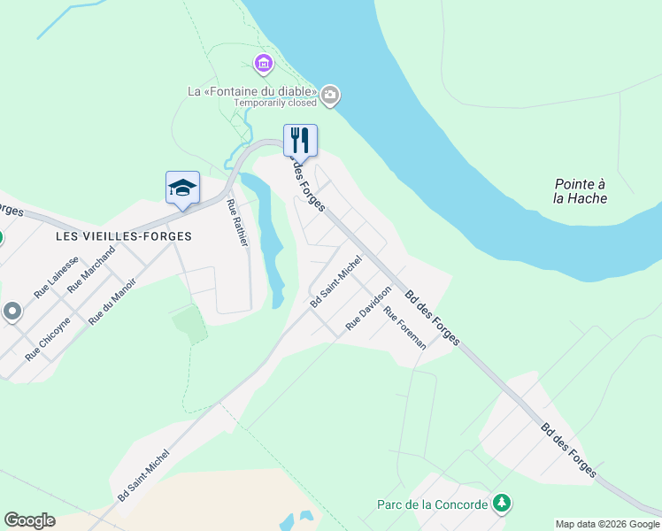 map of restaurants, bars, coffee shops, grocery stores, and more near 31 Rue Baribeau in Trois-Rivières