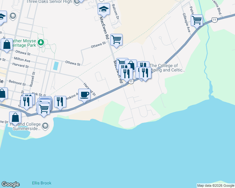 map of restaurants, bars, coffee shops, grocery stores, and more near 6 Water Street East in Summerside