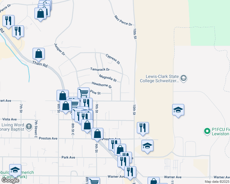 map of restaurants, bars, coffee shops, grocery stores, and more near 927 Hawthorne Street in Lewiston