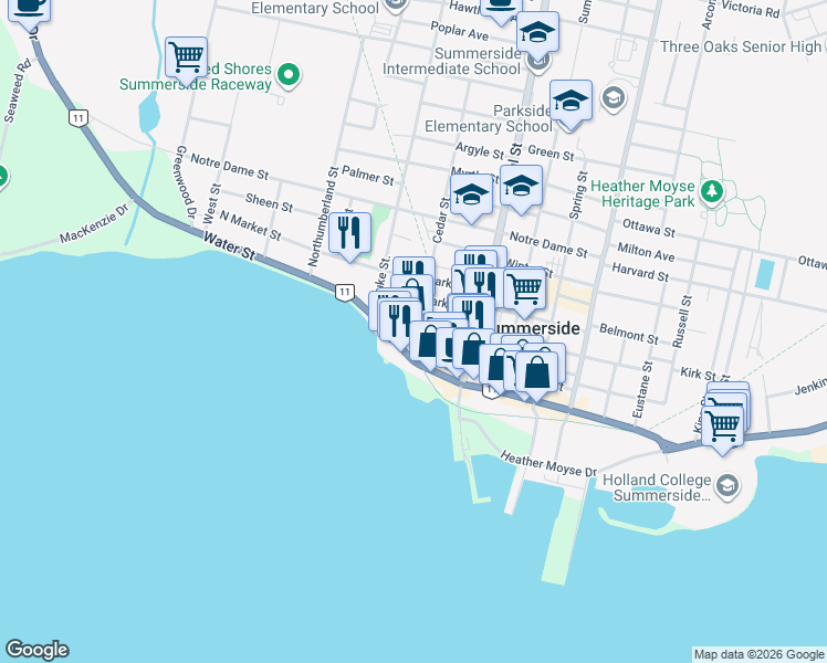 map of restaurants, bars, coffee shops, grocery stores, and more near 12 Cedar Street in Summerside