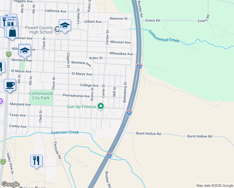 map of restaurants, bars, coffee shops, grocery stores, and more near 817 Mill Street in Deer Lodge