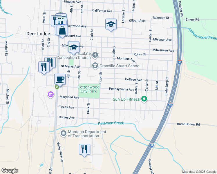 map of restaurants, bars, coffee shops, grocery stores, and more near 709 Pennsylvania Avenue in Deer Lodge