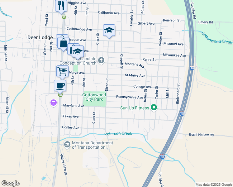 map of restaurants, bars, coffee shops, grocery stores, and more near 709 Pennsylvania Avenue in Deer Lodge