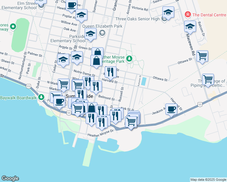 map of restaurants, bars, coffee shops, grocery stores, and more near 150 Cambridge Street in Summerside