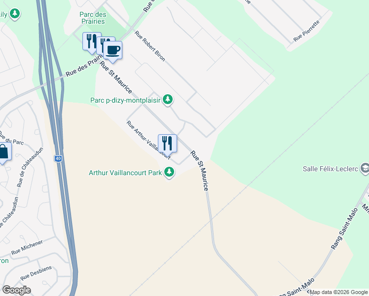 map of restaurants, bars, coffee shops, grocery stores, and more near 1305 Rue Saint Maurice in Trois-Rivières