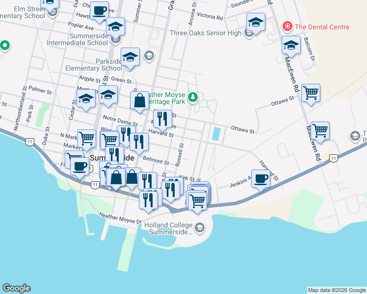 map of restaurants, bars, coffee shops, grocery stores, and more near in Summerside