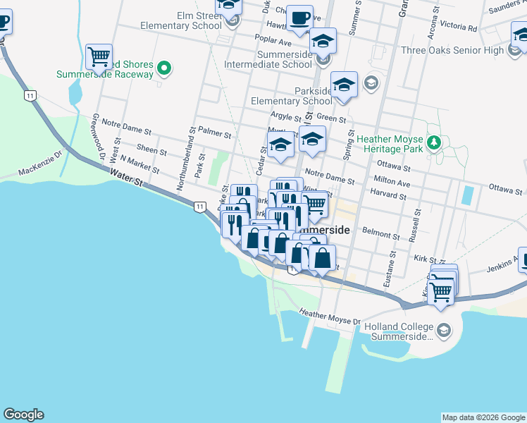 map of restaurants, bars, coffee shops, grocery stores, and more near 341 2 Street in Summerside