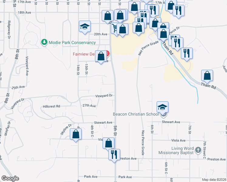 map of restaurants, bars, coffee shops, grocery stores, and more near 1640 25th Avenue in Lewiston