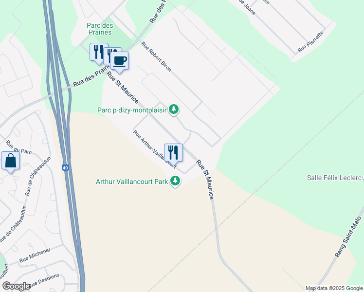 map of restaurants, bars, coffee shops, grocery stores, and more near Rue Albert Beaumier in Trois-Rivières