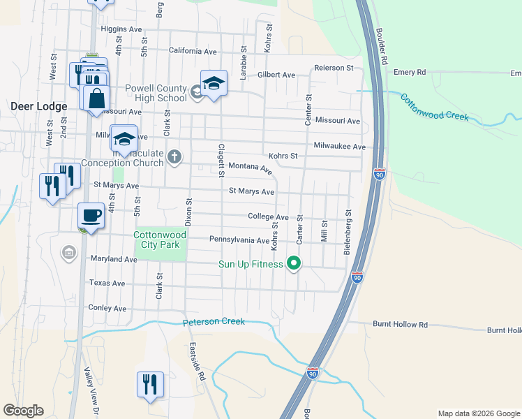 map of restaurants, bars, coffee shops, grocery stores, and more near 812 Saint Marys Avenue in Deer Lodge
