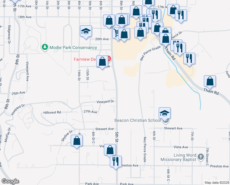 map of restaurants, bars, coffee shops, grocery stores, and more near 1640 25th Avenue in Lewiston