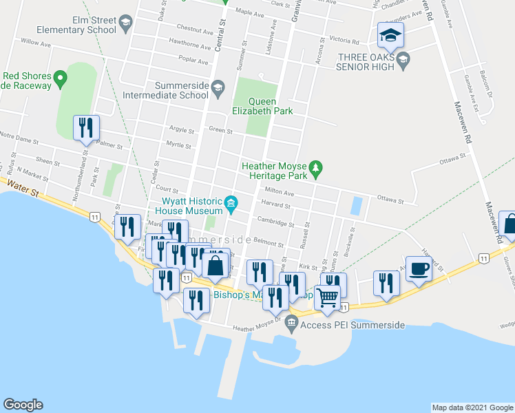 map of restaurants, bars, coffee shops, grocery stores, and more near 105 Granville Street in Summerside