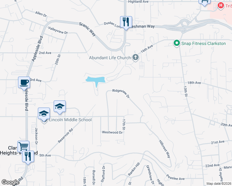 map of restaurants, bars, coffee shops, grocery stores, and more near 1721 Ridgeview Drive in Clarkston