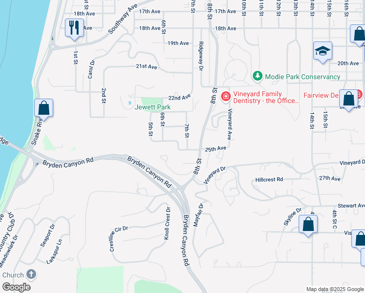 map of restaurants, bars, coffee shops, grocery stores, and more near 641 25th Avenue in Lewiston