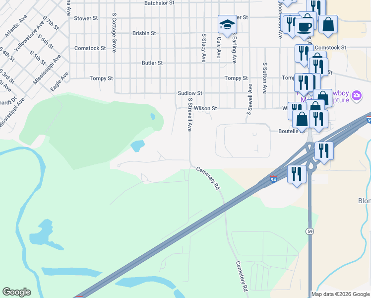 map of restaurants, bars, coffee shops, grocery stores, and more near 1331 South Strevell Avenue in Miles City