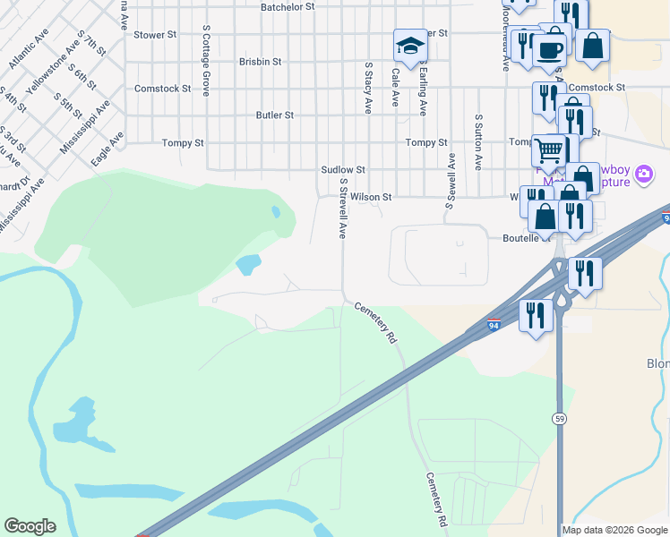 map of restaurants, bars, coffee shops, grocery stores, and more near 1331 South Strevell Avenue in Miles City