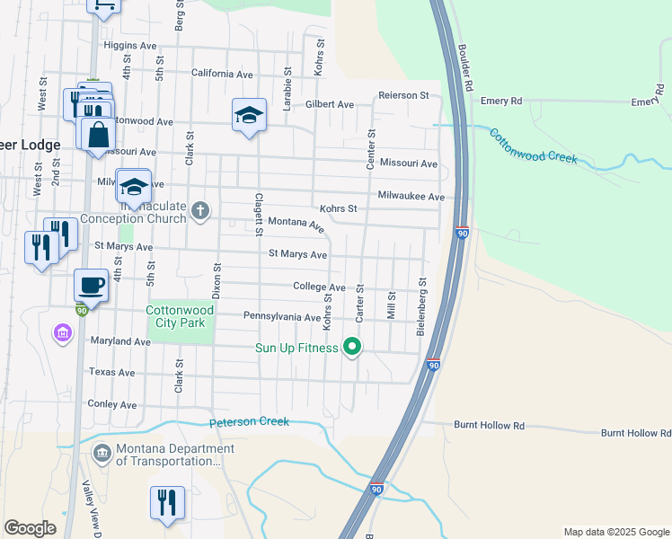 map of restaurants, bars, coffee shops, grocery stores, and more near 709 Kohrs Street in Deer Lodge