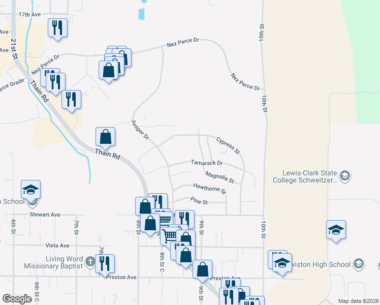 map of restaurants, bars, coffee shops, grocery stores, and more near 2937 Magnolia Street in Lewiston