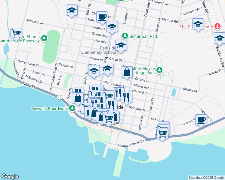 map of restaurants, bars, coffee shops, grocery stores, and more near 261 Winter Street in Summerside