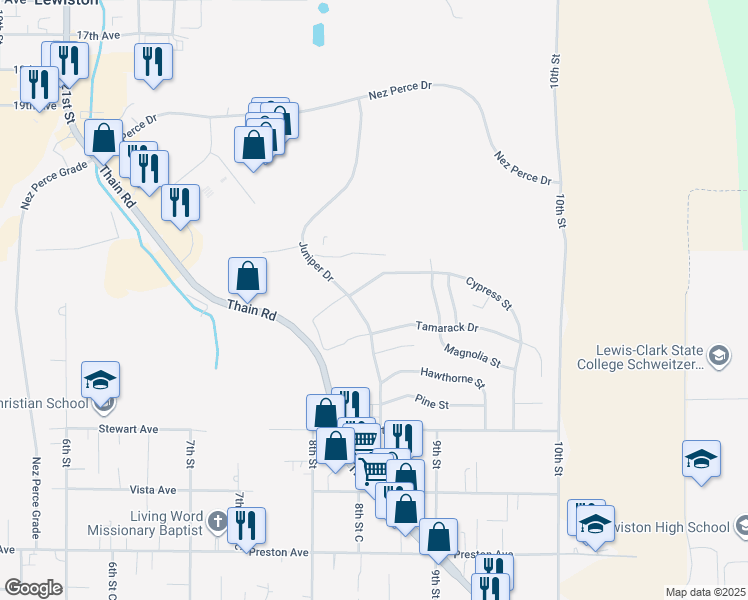 map of restaurants, bars, coffee shops, grocery stores, and more near 2975 Juniper Drive in Lewiston