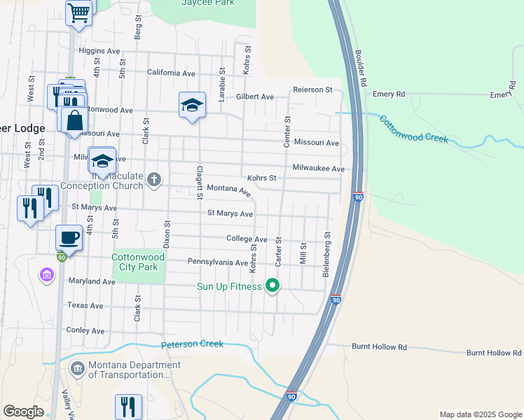map of restaurants, bars, coffee shops, grocery stores, and more near 709 Kohrs Street in Deer Lodge